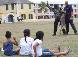 Children watch as VIPD K-9 Instructor Jason Viveros apprehends a fugitive with his dog, Luca, during a demonstration at the National Park Services family fun day. Children watch as VIPD K-9 Instructor Jason Viveros apprehends a fugitive with his dog, Luca, during a demonstration at the National Park Services family fun day.